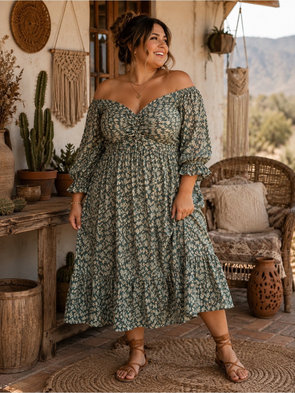 Angie Green Cactus 🌵 Print Off-Shoulder Midi Dress. New without tags